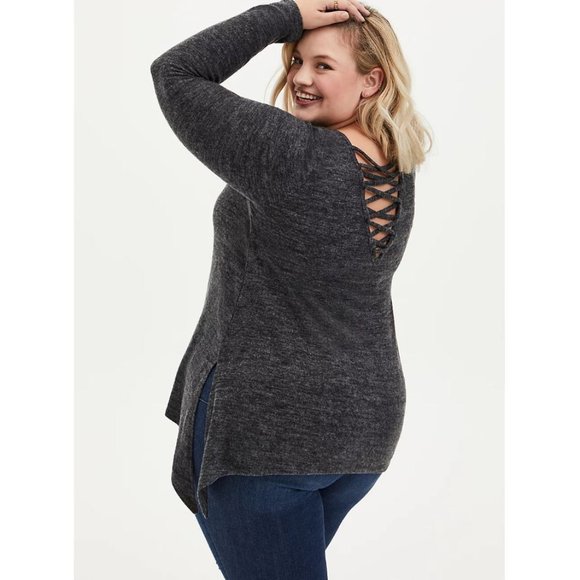 Torrid 1 Super Soft Plush Black Lattice Back Tee - Picture 3 of 4